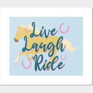 "Live Laugh Ride" Teal + Palomino Galloping Horse Silhouette Posters and Art